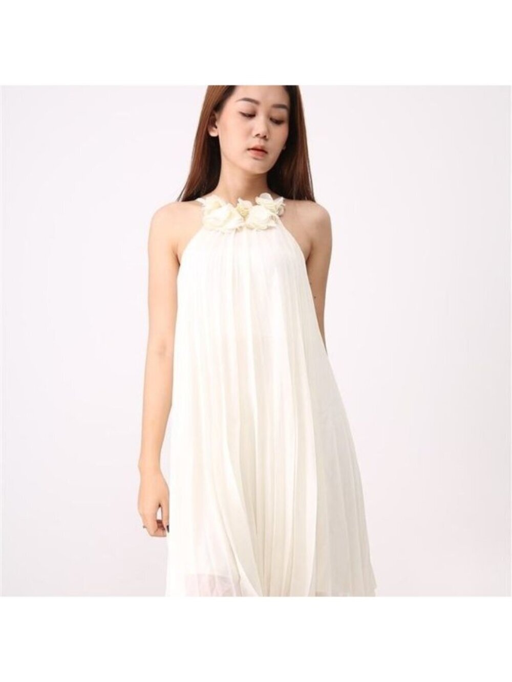 Pearl Georgina Chapman Marchesa PLeated Accordion Cream Halter Dress Women 6